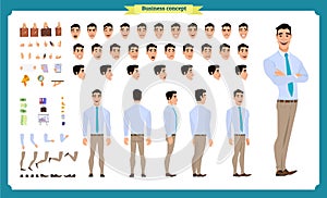 Front, side, back view animated character. Manager character creation set with various views, hairstyles, face emotions, poses