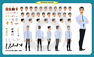 Front, side, back view animated character. Manager character creation set with various views, hairstyles, face emotions, poses