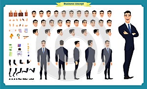 Front, side, back view animated character. Manager character creation set with various views, hairstyles, face emotions, poses