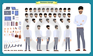 Front, side, back view animated character. Manager character creation set with various views, hairstyles, face emotions, poses