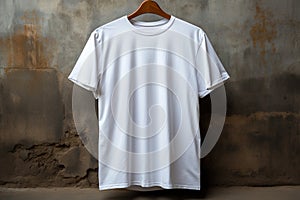 Front side of male white cotton t-shirt on a hanger and a concrete wall in the background