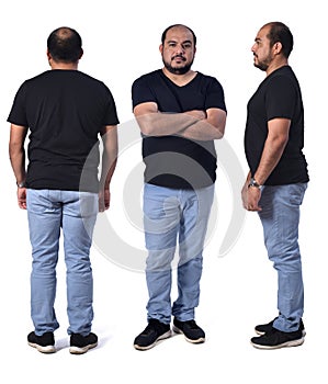 A front side and rear view of a same latin man on white background