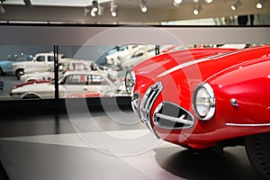 Front side of a superb Alfa Romeo 1900 C52 Disco Volante model on display at The Historical Museum Alfa Romeo