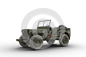 Front side view 3D illustration of a vintage green military jeep isolated on white