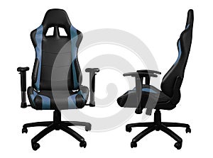 Front and side view of black and blue leather racing car design gaming chair isolated on white background