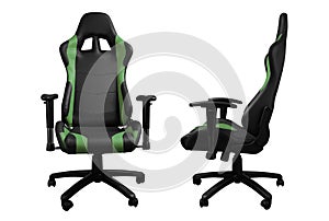 Front and side view of black and green leather chair isolated on white