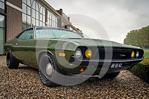 Front-side view of classic Dodge Challenger from 1972 at The Gallery Aaldering