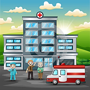 Front side view of hospital with a doctor, patient and ambulance on nature background