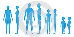 Front and side view human body silhouette of an adults, a teenager and an enfant