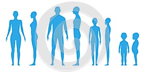 Front and side view human body silhouette of an adults, a teenager and an enfant photo