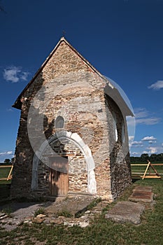 Front side view of pre-romanese Church of Saint Margaret of Antioch, Kopcany, on boundary between Czech Republic and Slovakia
