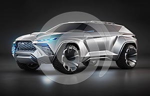 Front side view on silver shiny SUV car concept in empty studio on background.
