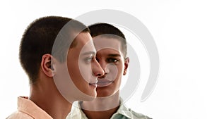 Front and side view of two young caucasian twin brothers posing together isolated over white background