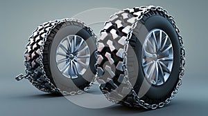 Front and side views of car tires with snow chains for winter road, rubber tires with steel covers, automobile wheels