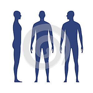 Front and side views human body silhouette of an adult male. Shadow of a standing man with a head turned to the shoulder