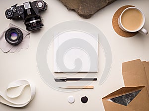 Front square book cover template with photo accessories and cup of coffee on white background