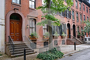 Front step of elegant old 19th century urban brownstone type townhouse