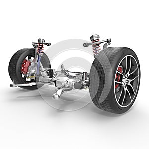 Front suspension with wheel of drive car. New tire. On white. 3D illustration