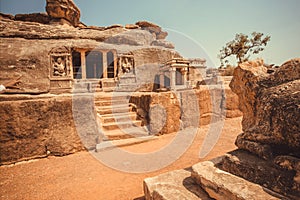 Front of 6th century cave temple, famous Hindu structure of Karnataka state, India. Historical andmark in Aihole town