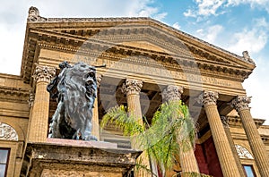 Front of the Theater Massimo Vittorio Emanuele with lion statue in Palermo, Italy.