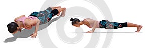 Front three-quarters and Left Profile Poses of a Woman in Yoga Low Plank Pose