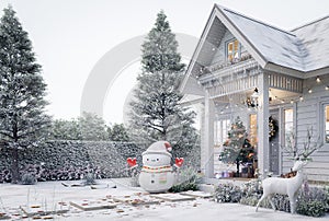 Front of tiny house entrance porch in winter with Christmas and New Year concept 3d render