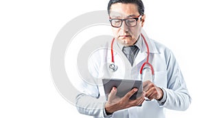 Front tom of doctor in gown, stethoscope and tie reviewing information or diagnosis on a tablet on white background. Medicine and