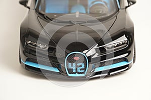 Front top view of toy Bugatti Chiron sports car model