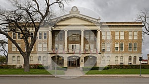 Front view of the 1928 Uvalde County Courthouse in downtown Uvalde, Texas.