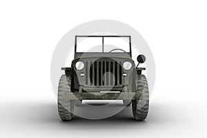 Front view 3D illustration of a vintage green military jeep isolated on white