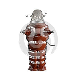 Front view of a 3d-rendered red retro toy robot against a white background.