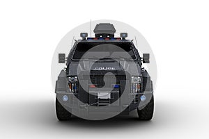 Front view 3D rendering of an armoured police SWAT vehicle isolated on white