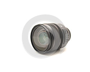 Front view advanced aspherical landscape lens made in Japan for DSLR full frame camera photography isolated on white background