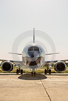 Front view of black aircraft cabin or cockpit. The passenger plane ready to take off. Travel concept