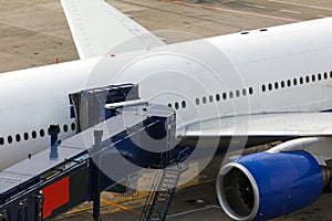 Front view of airplane at gate
