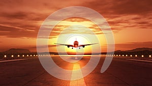 Front view of an airplane landing during a beautiful golden sunset