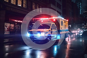 Front view of an Ambulance full speed in the city, responds to emergency calling at night. Generative AI