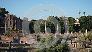 Front view of ancient Roman temple ruin - Tempio della Pace on sunny day. Historical open-air museum Roman Forum