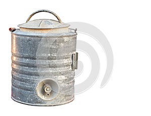 Front view antique zinc cooler water filter on white background, vintage, object, copy space