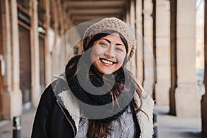 Front view of asian young woman smiling with white perfect teeth and positive attitude. Close up portrait of one girl