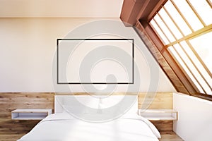 Front view of attic bedroom with poster, toned