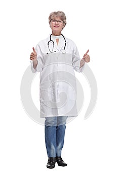 Front view of attractive happy smiling female doctor physician nurse standing with arms crossed