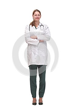 Front view of attractive happy smiling female doctor physician nurse standing with arms crossed