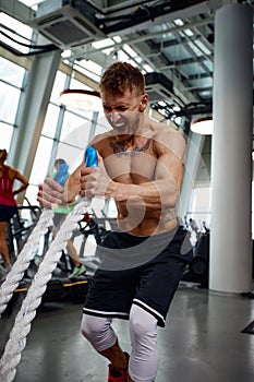 Front view of Attractive young fit and toned sportswoman working out with battle ropes. Motion blur