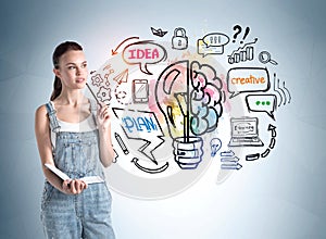 Front view of attractive young lady in denim jumpsuit standing nearby colorful lightbulb and brain sketch drawn on light blue wall