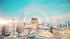 Front view of autopilot taxi drone flying above futuristic city. Aerial view of the Taxi copter and Dubai city at the