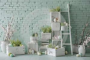 Front View Backdrop with Brick Wall, White Wooden Crates, Tulips, and Ladder.