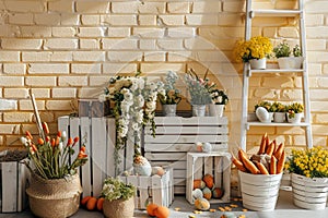 Front View Backdrop with Brick Wall, White Wooden Crates, Tulips, and Ladder.