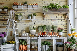 Front View Backdrop with Brick Wall, White Wooden Crates, Tulips, and Ladder.