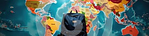 Front view of backpack against world map backdrop , airport, discovery